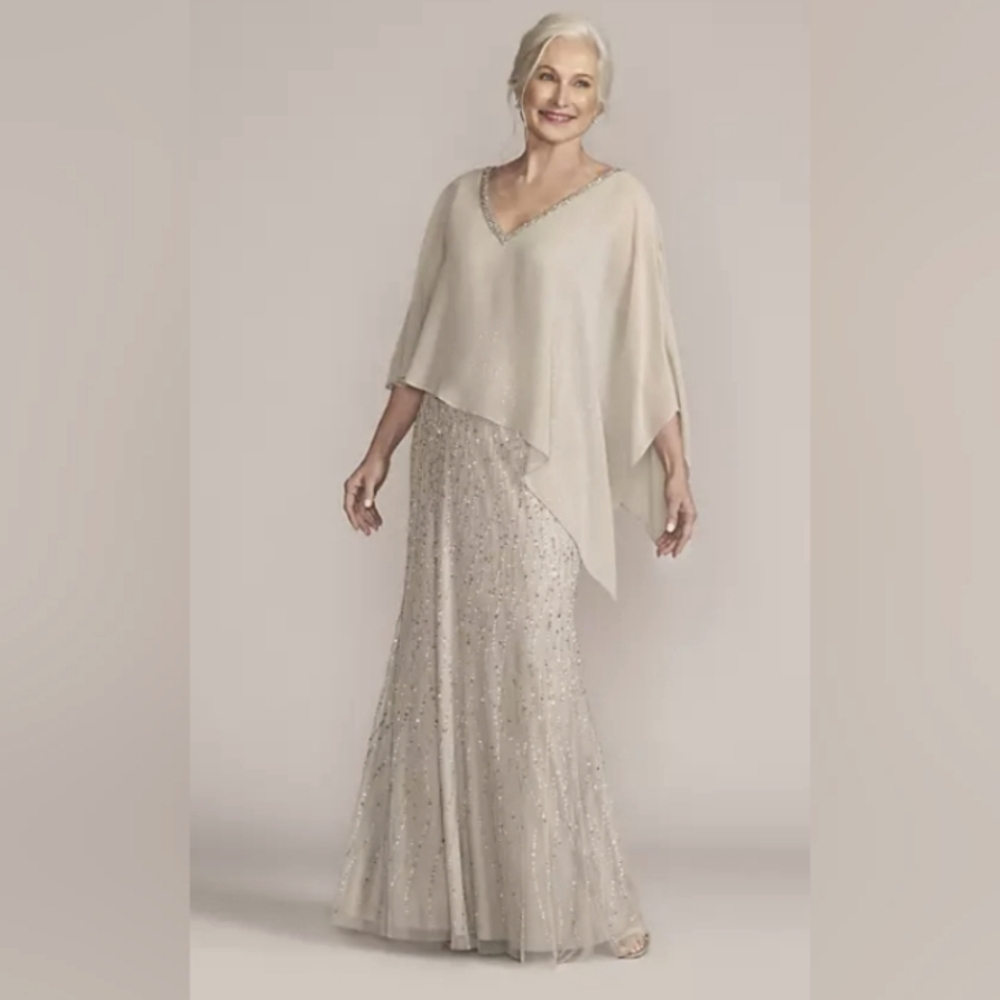 🆕Oleg Cassini Beaded V-Neck Sheath Gown with Chiffon Capelet